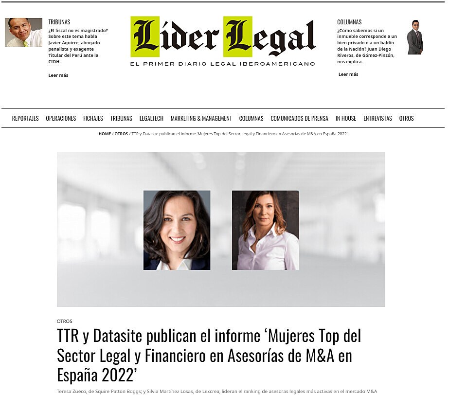 TTR y Datasite publican el informe 'Mujeres Top del Sector Legal y financiero en Asesoras de M&A en Espaa 2022'